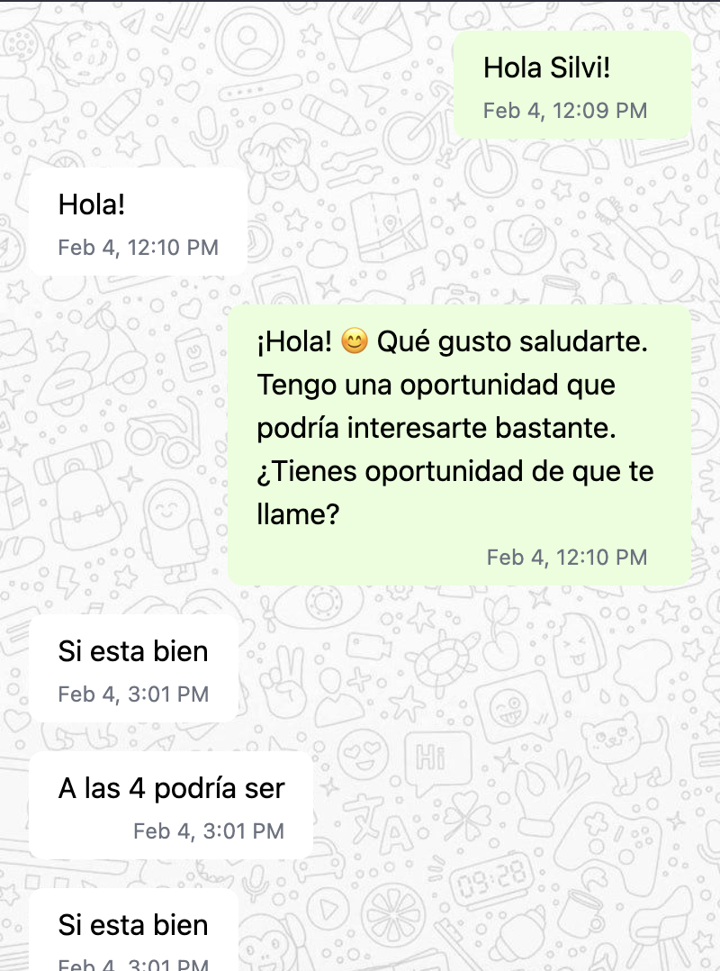 Hello-first WhatsApp conversation with natural engagement
