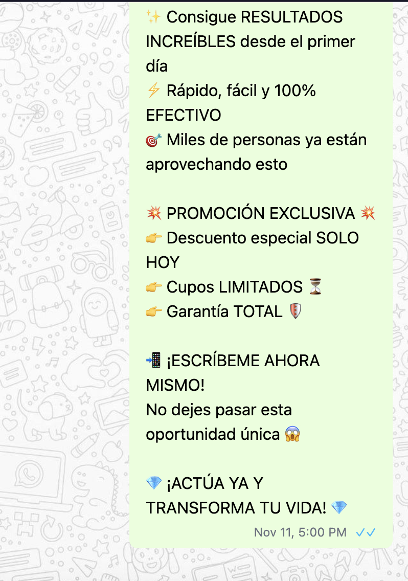 Traditional WhatsApp broadcast message with promotional spam